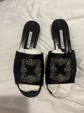 Manolo Blahnik MARTAMOD Black Satin Jewel Buckled Sliders